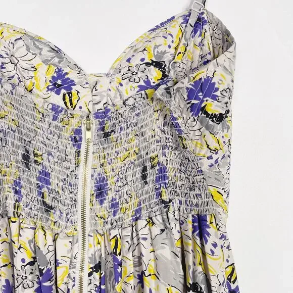 Parker Small S Gray Purple Yellow Silk Floral Dress Sweetheart Neckline Zip Back - Picture 8 of 12